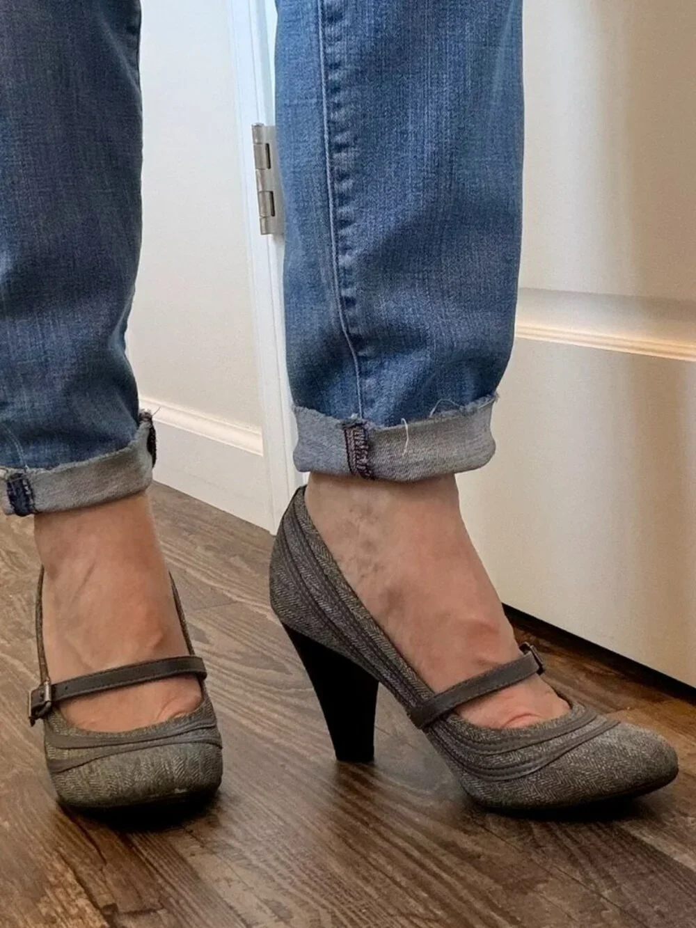 LifeStride Velocity Bimala Tweed Mary Jane Heels – Gray, Size 7 with Memory Foam